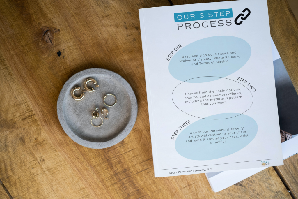 6 Best Permanent Jewelry Training Courses In 2025 3 Step Permanent Jewelry Process Sheet Displayed On Table Next To Jewelry 1024x683