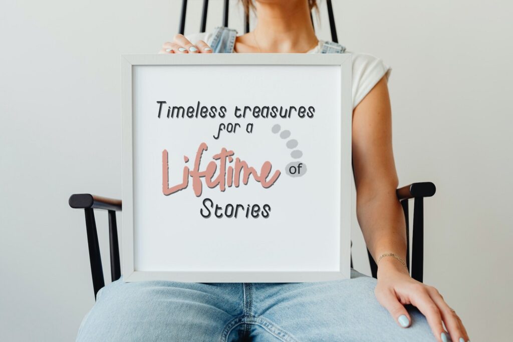 woman wearing permanent jewelry bracelet holding sign with quote
