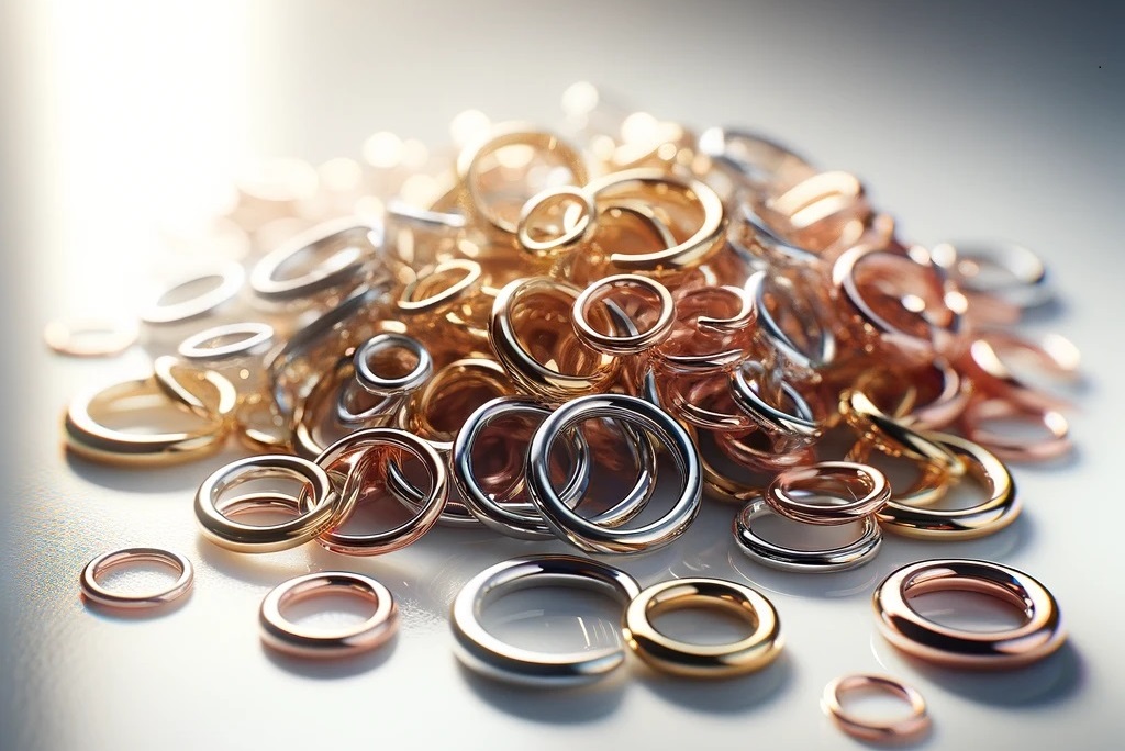 small pile of different size and metal jump rings on a table featured