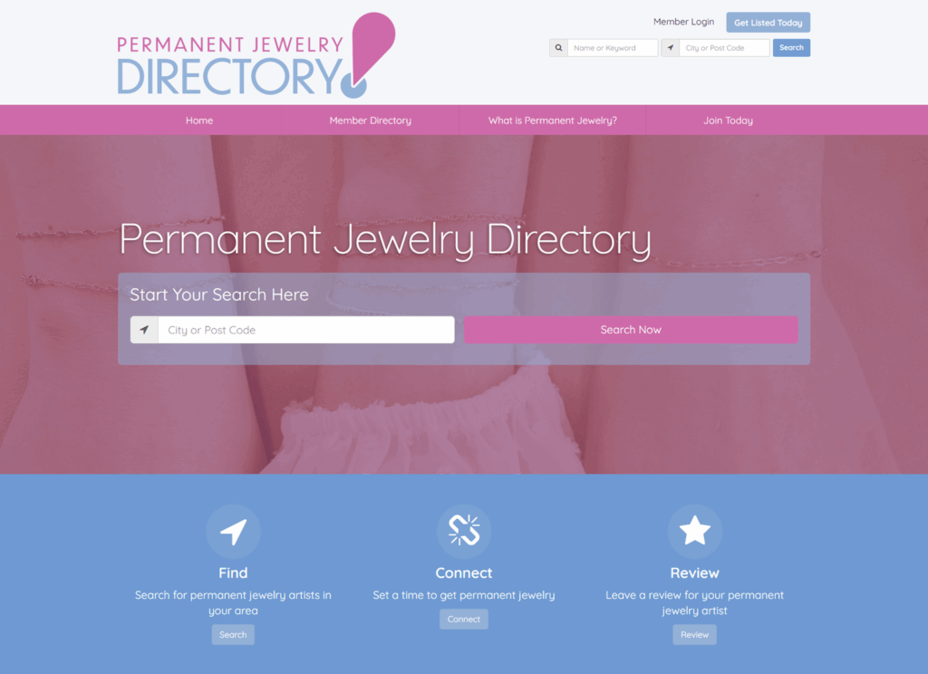 screenshot of permanent jewelry directory