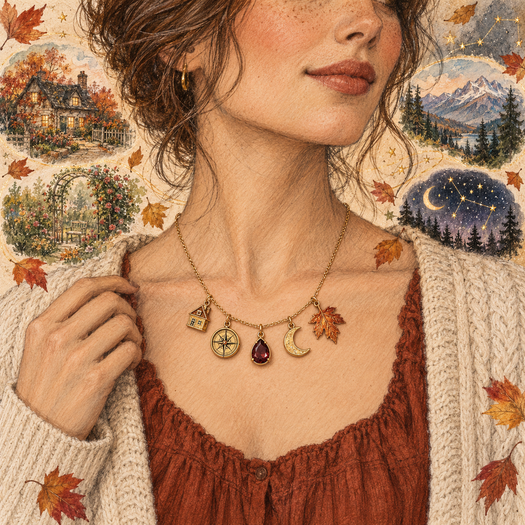 woman wearing a fall charm necklace