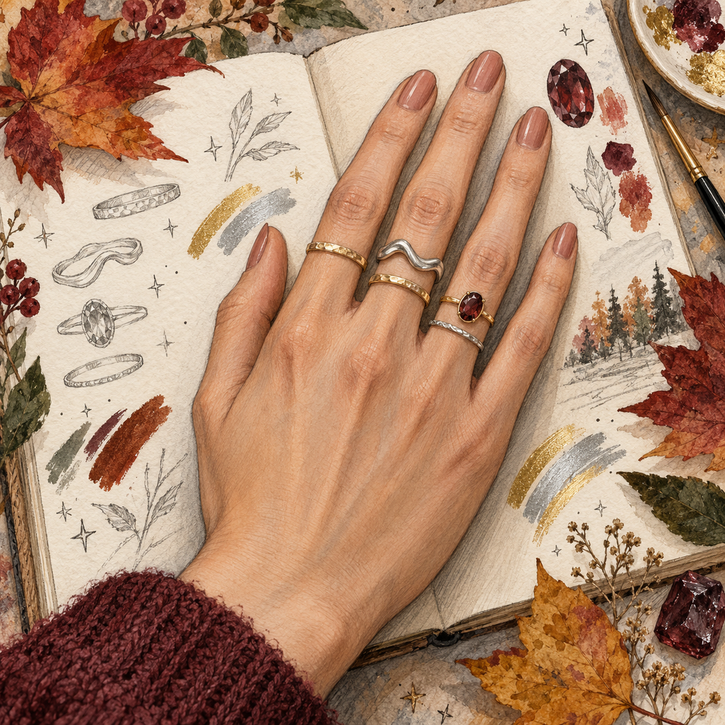 woman wearing mixed metal ring stacks