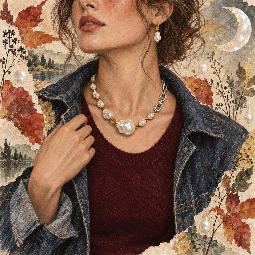 woman wearing unique pearl necklace